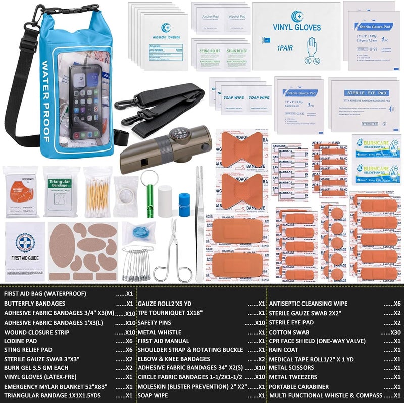 GPUSFAK 154 Pieces Waterproof Boat First Aid Kit Dry Bag with Cell Phone Bug Out Bags Pouch Roll Top Boat Emergency Kit 2-in-1 for Camping Fishing Kayaking Swimming Rafting - Image 2